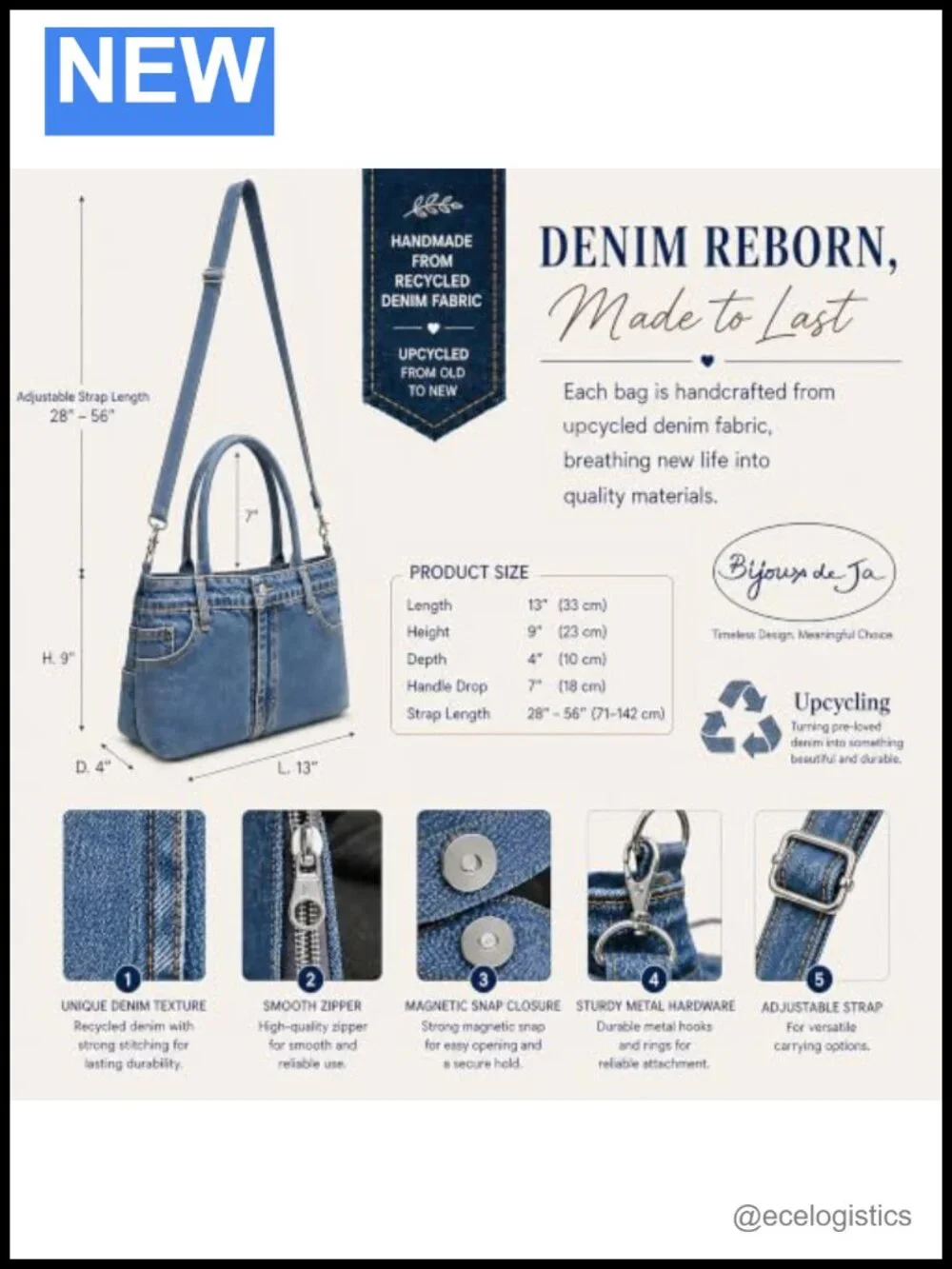 Upcycled Denim Satchel Handbag 3 Compartment Purse Top Handle Shoulder Strap